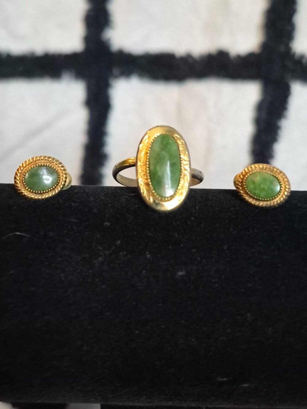 Vintage Jade 14k GF Cellini Ring + Matching HG Jade Screwback Earrings